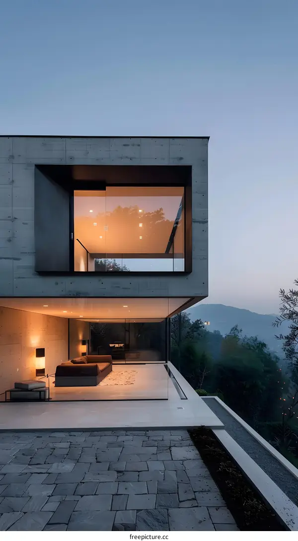 Modern Concrete House with Large Windows and Mountain Views