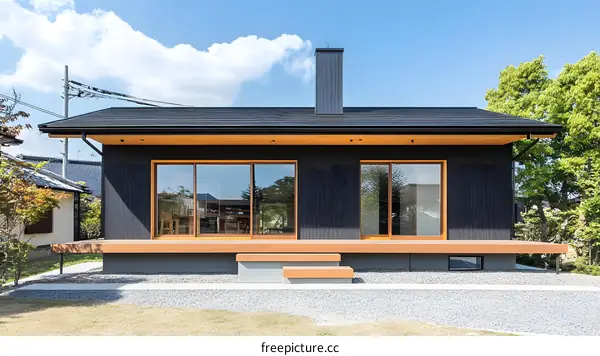 Modern Black and Wood House Exterior with a Large Deck