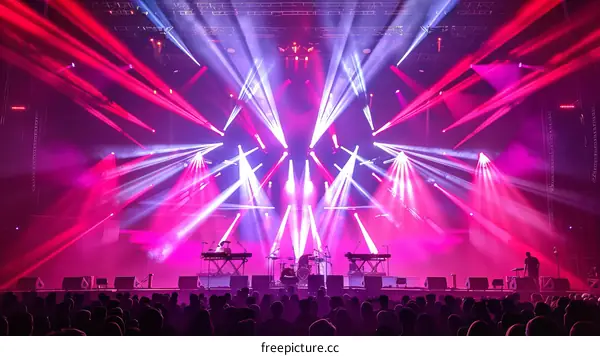Musicians perform on a stage with colorful laser lights in the background