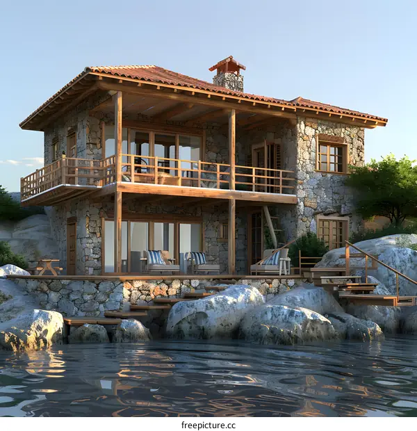 A beautiful stone house located on the edge of a body of water.