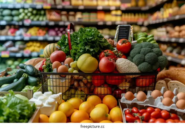 Fresh and healthy groceries in a shopping basket