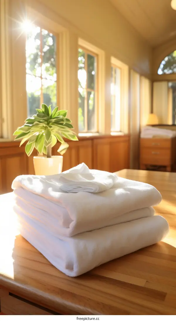 Stack of White Towels on Wooden Table
