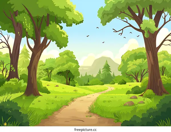 Green Forest Path With Winding Path Leading Through Lush Trees