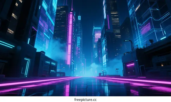 Neon-Lit Cyberpunk Cityscape with Futuristic Skyscrapers and Glowing Roads