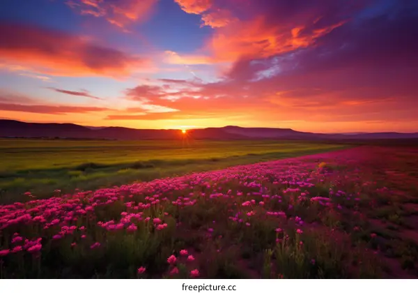 Field of pink flowers with a beautiful sunset in the background