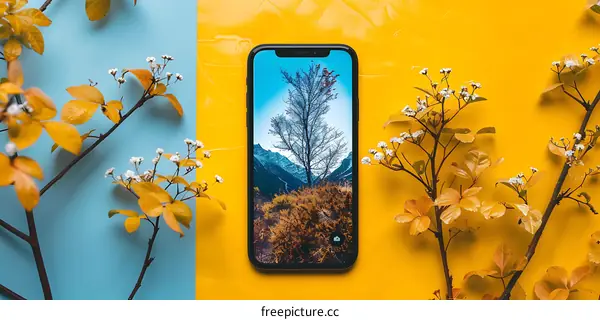 Phone Displaying a Mountainous Landscape with a Single Tree