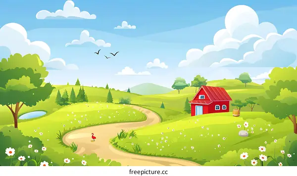 Red Farmhouse in Green Valley Landscape Illustration