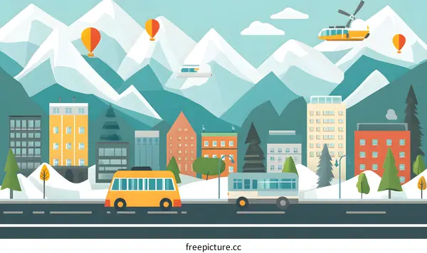 Winter Cityscape with Mountain and Transportation