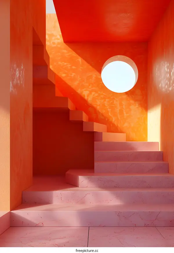 Pink staircase in a peach room with a round window