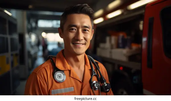 Portrait of a smiling Asian male paramedic in uniform standing in a fire station