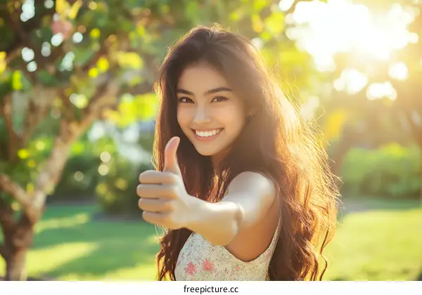 Happy Asian Woman With Thumbs Up In A Park