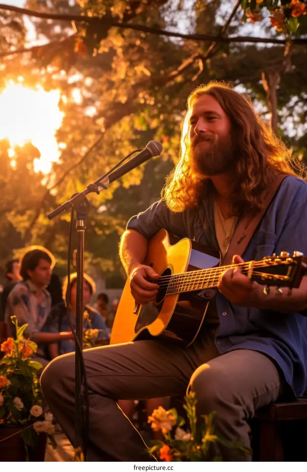 Male musician playing guitar and singing into microphone at outdoor event