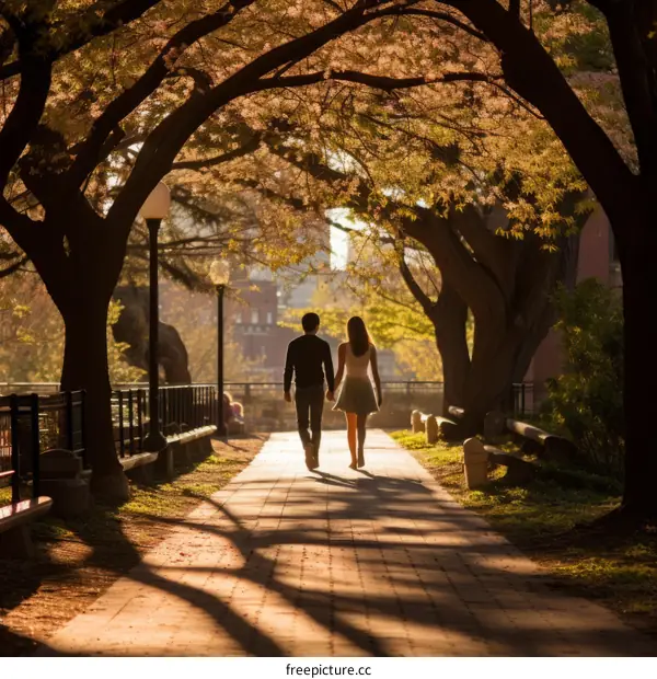 A couple is walking down a tree-lined path in a park