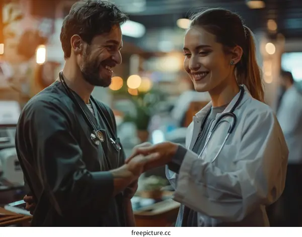 Two doctors are holding hands in a hospital.