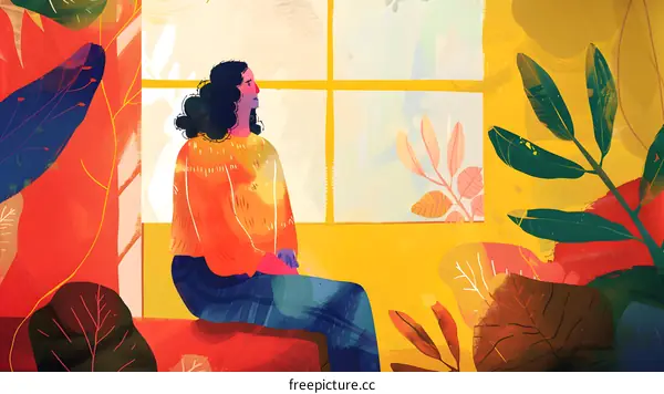 Woman Sitting by Window in Colorful Illustration