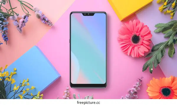 Smartphone with Flowers and Colorful Background