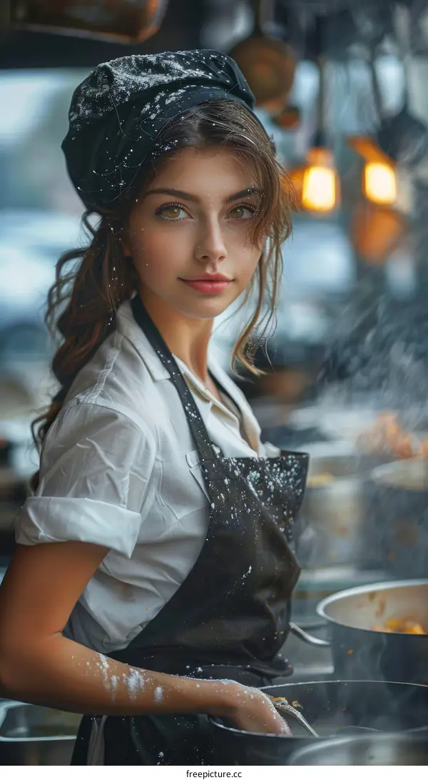 Professional Female Chef Cooking in Restaurant Kitchen