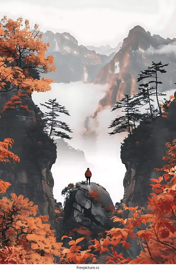 Man Standing On Cliff With Foggy Mountain View