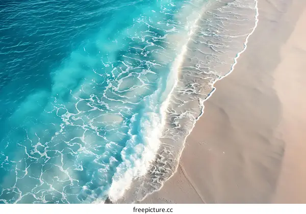 Aerial View of Blue Ocean Waves Crashing on Sandy Beach