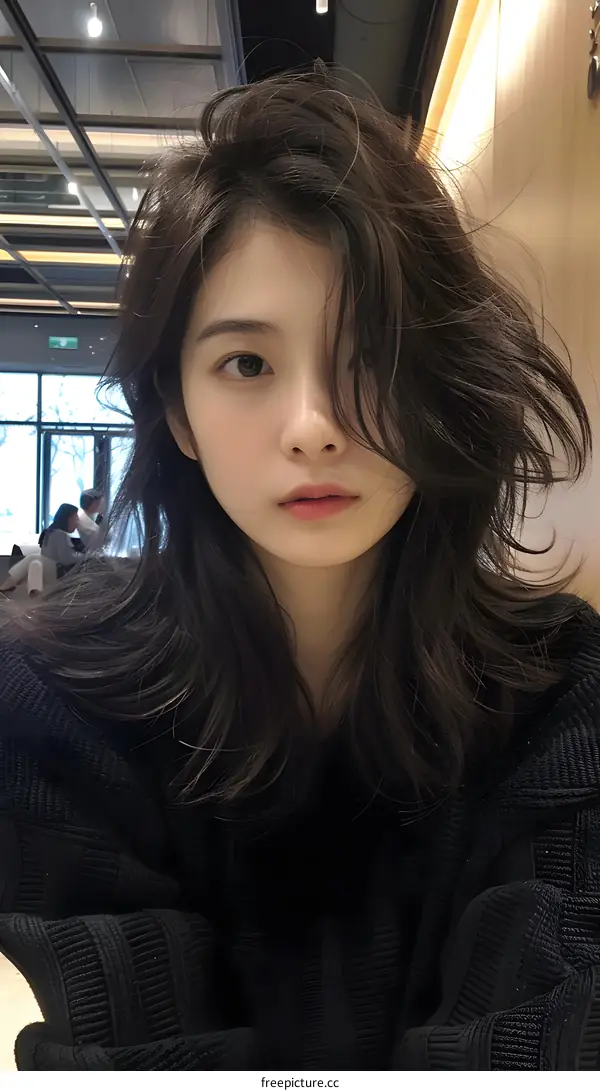 Close Up Portrait Of A Young Asian Woman With Long Brown Hair Looking At The Camera