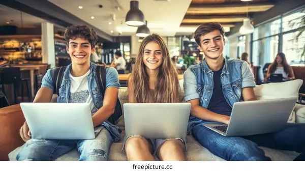 Young people working on laptops in a modern cafe