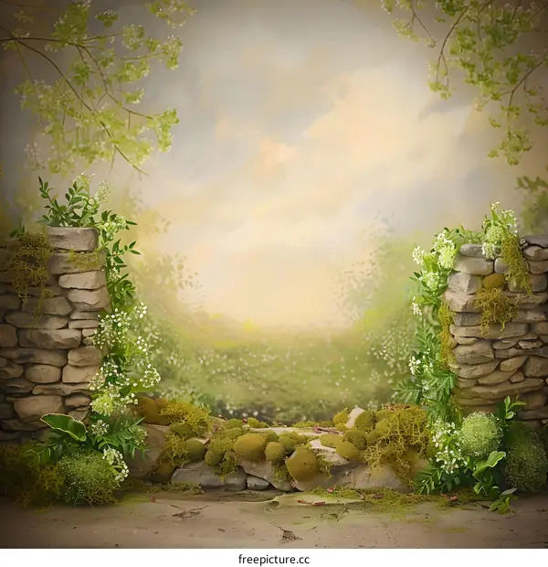Stone Wall With Green Moss And Flowers In Fantasy Forest