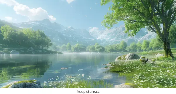 Serene Mountain Lake with Lush Trees and White Flowers