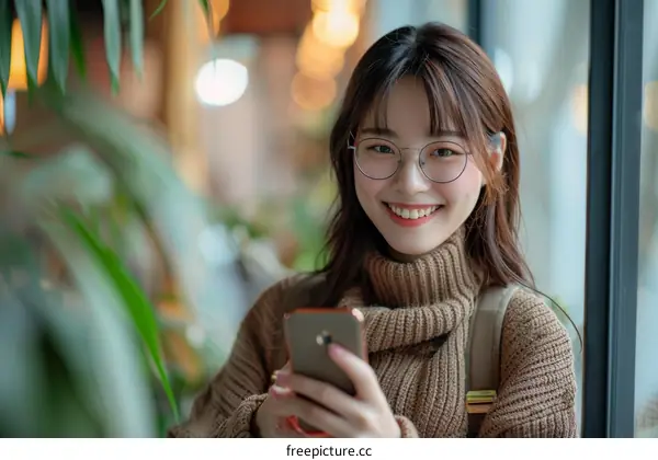 portrait of a young asian woman smiling and holding a phone