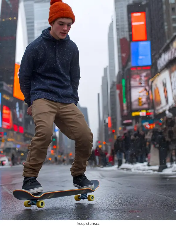 Teenage Boy Skateboarding in the City During Winter