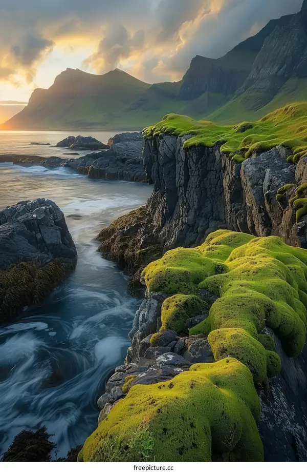 A rugged coastline with green moss and a turbulent sea