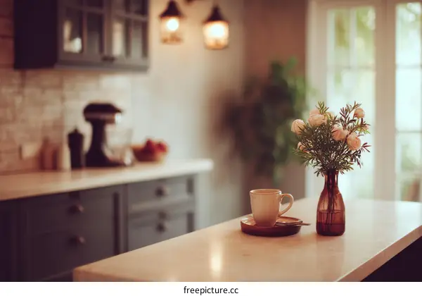 Cozy Kitchen Countertop with Flowers and Coffee