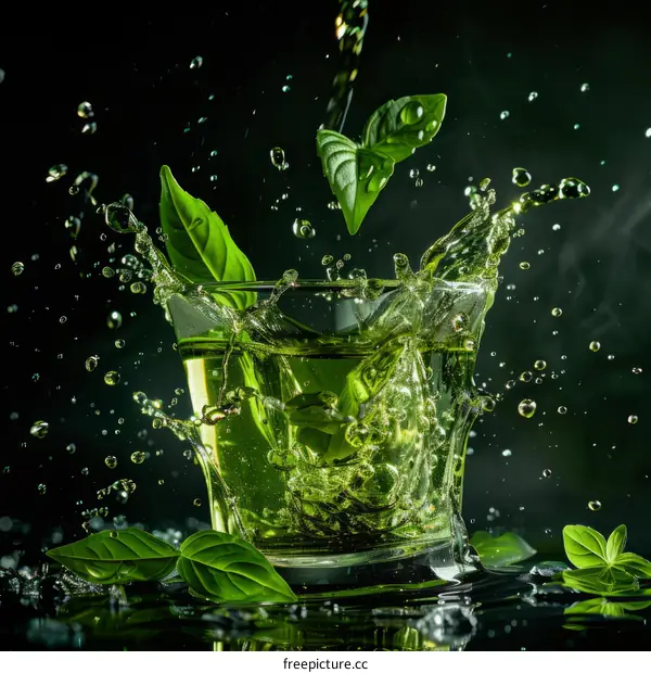 Green leaves and water splash