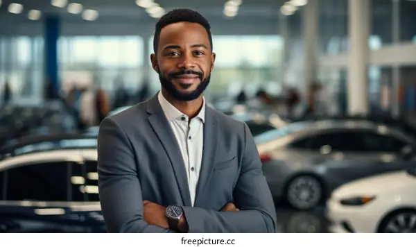 A car salesman with folded arms standing in a car dealership