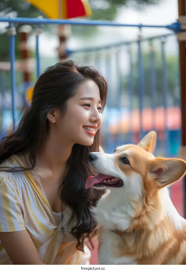 Asian woman smiling at a corgi dog