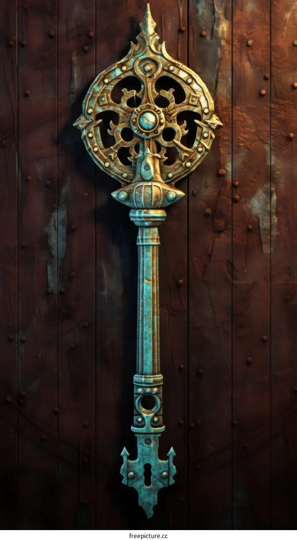 A large ornate fantasy key with a glowing blue gem in the center