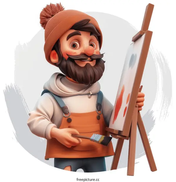Cartoon Character Painter with a Beard Wearing a Brown Beanie