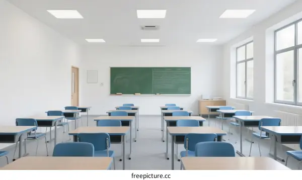 Bright and Empty Classroom with Rows of Desks and Green Board