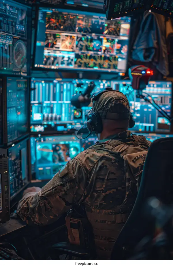 Soldier monitors multiple computer screens in a dark room