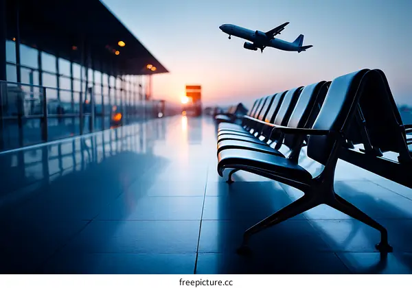 Airport Waiting Area at Sunrise with Airplane in the Sky