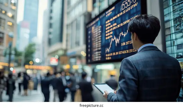 Businessman Observing Stock Market Data in a Busy City