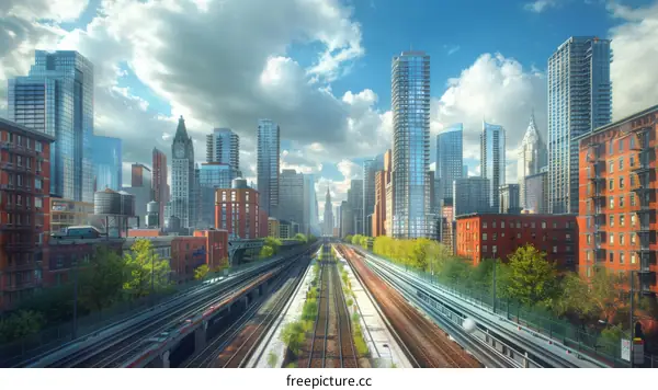 New York City Skyline with Elevated Train Tracks