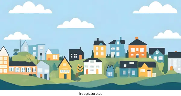Colorful Illustration of a Small Town With Houses and Clouds