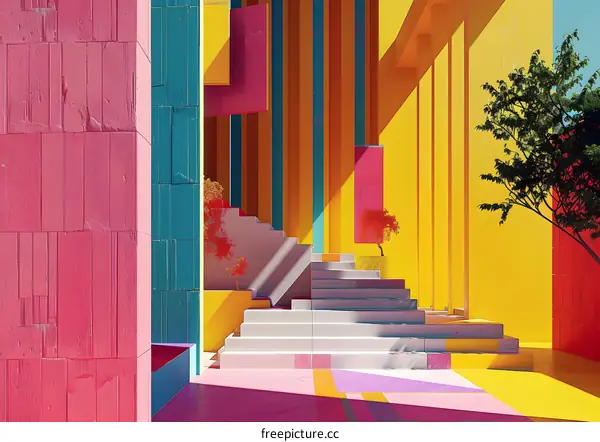Abstract Colorful Architectural Scene with Stairs and Trees