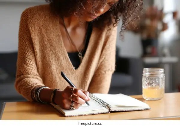 Woman Writing in a Notebook at a Desk