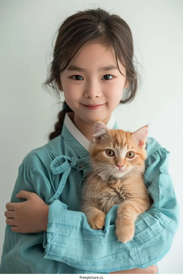 Little Asian girl hugging an orange cat