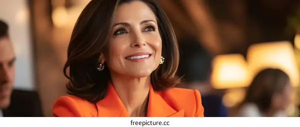 Portrait of a Smiling Woman in Orange Suit Looking Up