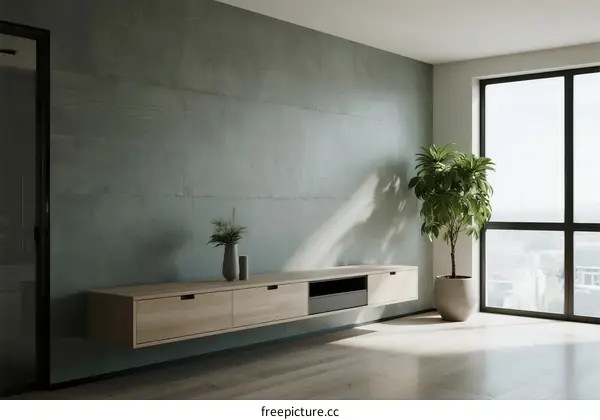 Modern living room with minimalist wooden cabinet and large window