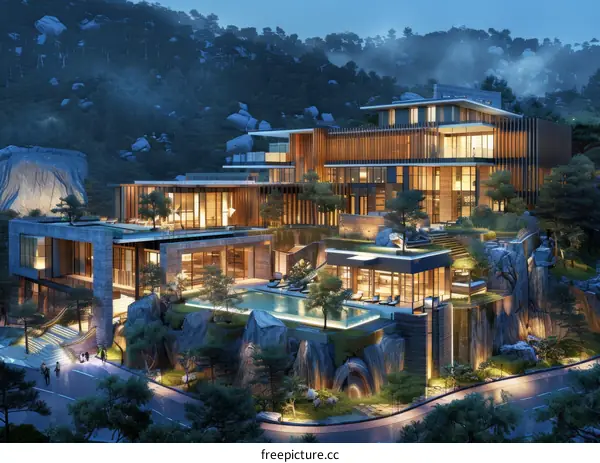 Luxury Mountain Villa Complex at Dusk
