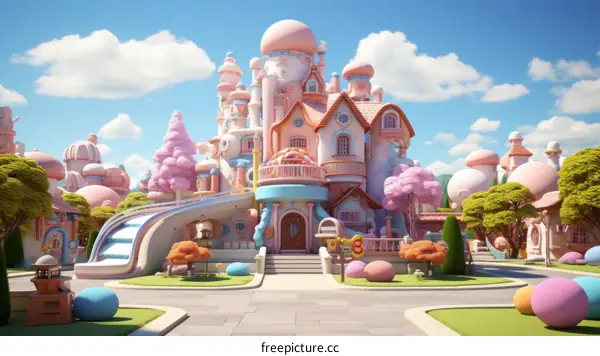 A pink and blue cartoon house with a slide and a garden