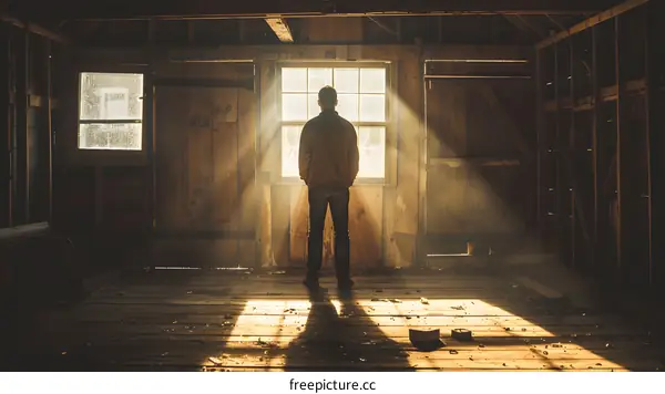 Man standing in a barn looking out the window